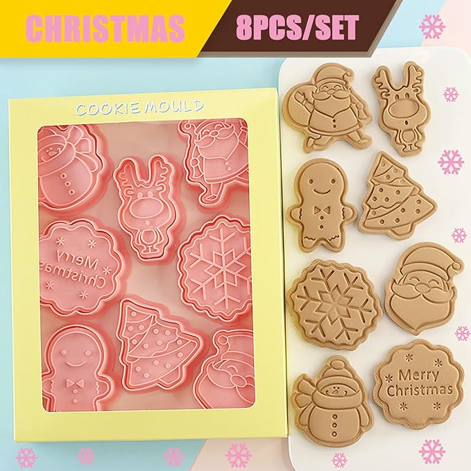 8Pcs Christmas Cookie Cutters, 3D Plastic Snowflake, Santa, Tree, Snowman Design Biscuit Mould and Cutters