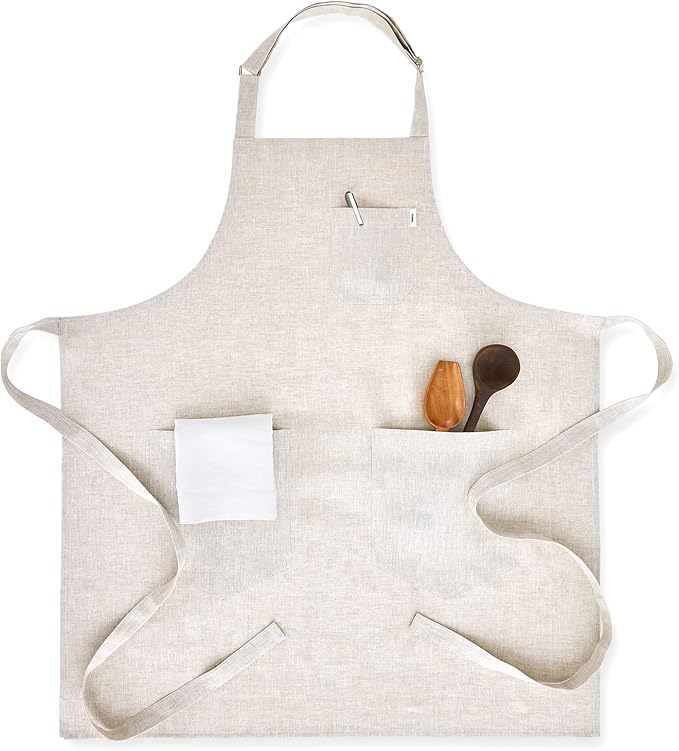 Solino Home Linen Kitchen Apron for Men & Women - Light Natural Bib Apron with Front Pockets - Handcrafted from European Flax