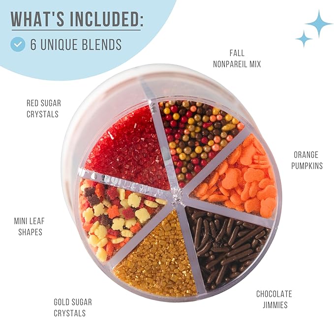 Sweets Indeed Sprinklefetti Fall 6-Cell Sprinkle Jar – 6 Assorted Fall Sprinkles (Pumpkins, Leaves, Sugar Crystals, Nonpareils, Jimmies) | Cupcake & Cake Decorations | 6.45 oz