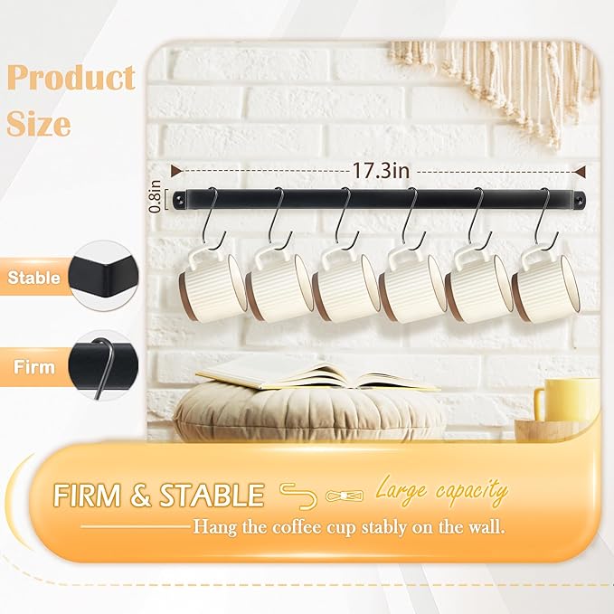 AJART Coffee Mug Rack Wall-Mounted: 12-Hook Cup Holder - Ideal for Coffee Bars & Apartment Kitchens - Space-Saving Solution - 1 Pack