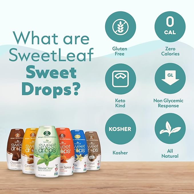 SweetLeaf Sweet Drops - Flavored Stevia Liquid Sweetener, Stevia Extract, Zero Calories, Gluten Free, Keto Friendly, Non GMO, Natural Flavors, Sugar Alternative - Stevia Clear, 1.7 Fl Oz (Pack of 6)