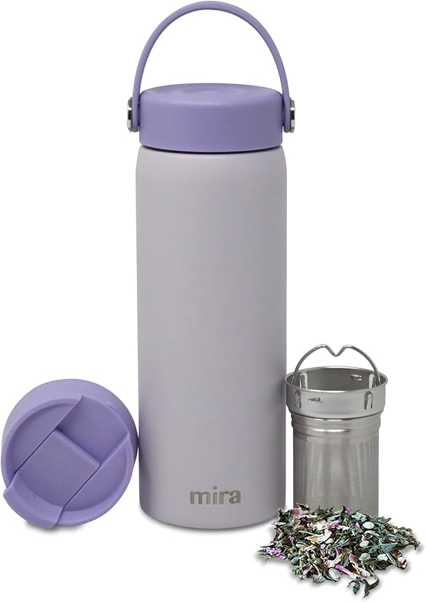 MIRA 18 oz Tea Infuser Thermos - Stainless Steel Travel Bottle with Removable Strainer for Loose Leaf Tea - Insulated Hot & Cold Brew Steeper - Heather