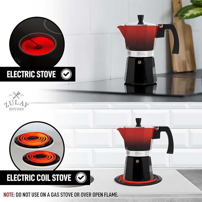 Zulay Kitchen Stovetop Espresso Maker - Moka Pot 3 Espresso Cups - Percolator Coffee Maker for Classic Cuban & Italian Style Espresso - Portable Coffee Maker for Camping & Travel - (Red/Black)