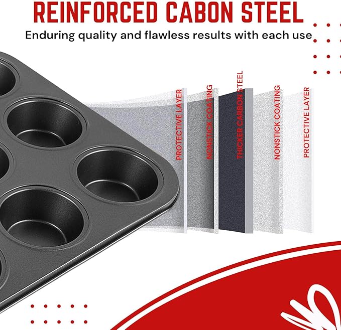 Flexzion Muffin Tray Cupcake Baking Pan 2 Pack, 12-Cup Nonstick Carbon Steel Muffin Tins Non-Stick Cupcake Tin Bakeware Accessories for Baking Cupcakes Muffin Brownies Snacks, Easy Clean, Fridge Safe