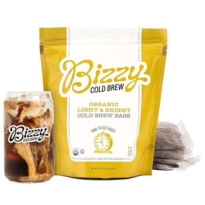 Bizzy Organic Cold Brew Coffee | Light & Bright Blend | Coarse Ground Coffee | Light Roast | Micro Sifted | Specialty Grade | 100% Arabica | Brew Bags | 4 Count | Makes 14 Cups