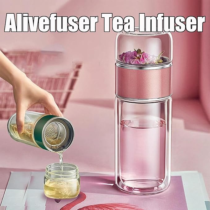 Tryteava Glass Infuser, Tryteava 3-in-1 Smart Tea Infuser, Portable Glass Double Wall Tea Infusers Bottle, with Stainless Steel Filter, Hot & Cold Brew, For Loose Leaf, Office Home (Pink, 420ml)