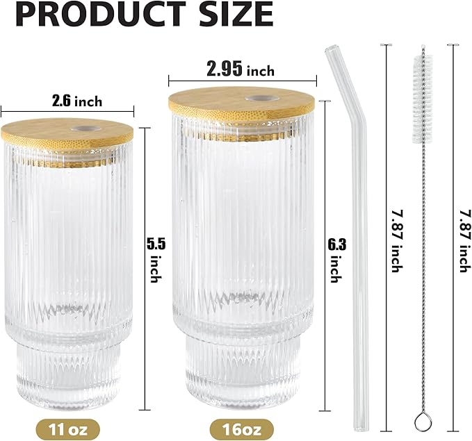 11 oz Drinking Glasses Cups Set of 2 with Bamboo Lids Straws Brush Vintage Small Glassware Set for Mojito Iced Coffee Cocktail Whiskey(Ribbed & Hobnail)
