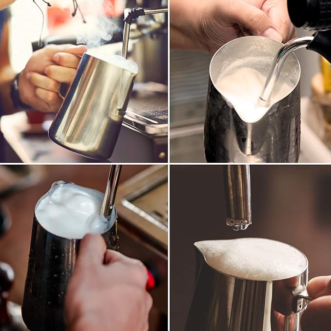 Milk Frothing Pitcher Cup, 32oz/900ML Milk Frother Cup Stainless Steel Steaming Pitcher Milk Jug Coffee Latte Art Cappuccino Espresso Machine Accessories Barista Steam Pitchers Attached Dessert Spoons