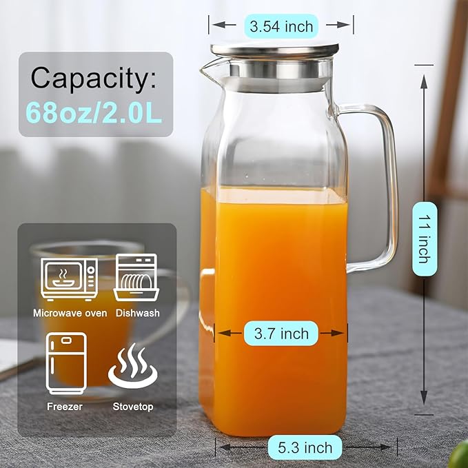 1.8 Liter Glass Pitcher with lid 60oz Glass Water Pitchers for Fridge Heat Resistant Glass Water Carafe with Handle for Party Water Jugs Tea pitcher Lemonade Iced Tea Jug Juice or Drinks