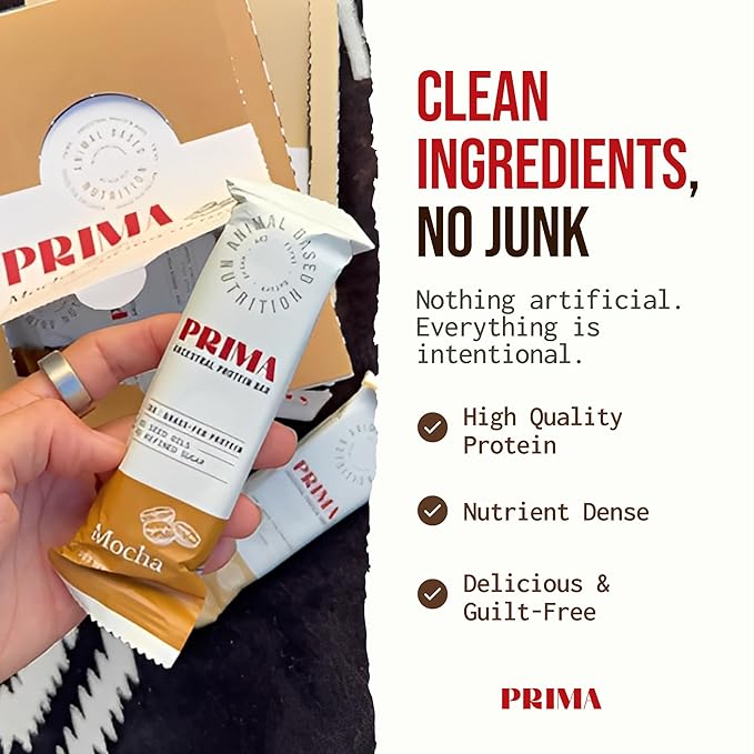 PRIMA ANCESTRAL PROTEIN BAR Grass Fed Protein Bars, 7 Pack – Animal-Based Protein Bar with Beef Tallow, Raw Honey, Seed Oil Free, Low Carb, Gluten-Free – Healthy, Energy Snacks for Clean Lifestyle (7 Pack, Mocha)