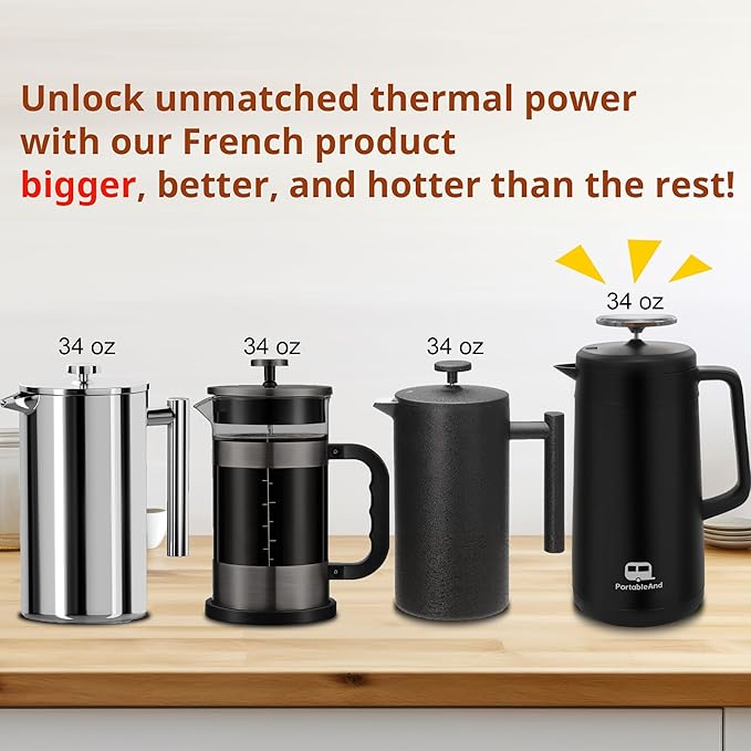 PortableAnd 34oz Double Vacuum Insulation Large Silicone French Press Coffee Maker with Silicone Ring, Stainless Steel, Perfect for Camping, Travel, and At-Home Use (Matte Black)