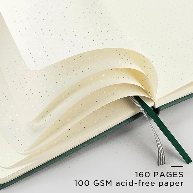 &And Per Se Dotted Journal Notebook, A5 Hardcover Leather Bullet Dotted Journal, 160 Pages 100 gsm Thick Dotted Paper，3 Sheets of Stickers Included - 5.7'' x 8''（Green）
