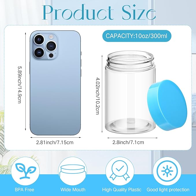 Patelai 4 Pieces Round Wide-mouth Leak Proof Plastic Container Jars with Lids for Travel Storage Makeup Beauty Products Face Creams Oils Salves Ointments DIY Making(10 Ounce,Blue)