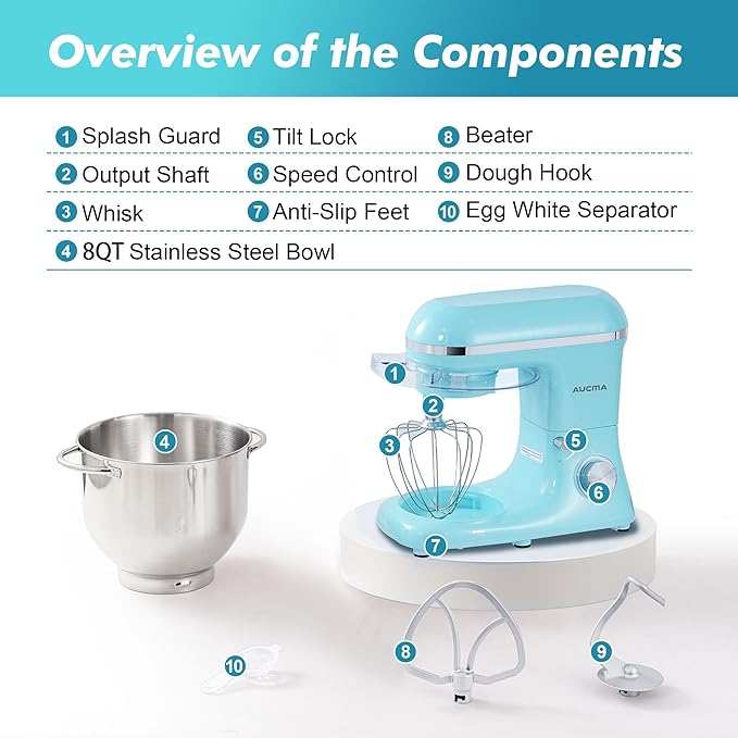 Aucma Stand Mixer, 900W 8QT Large Kitchen Mixer, Kitchen Electric Mixers with Dough Hook, Wire Whip & Beater (Blue, 8QT)