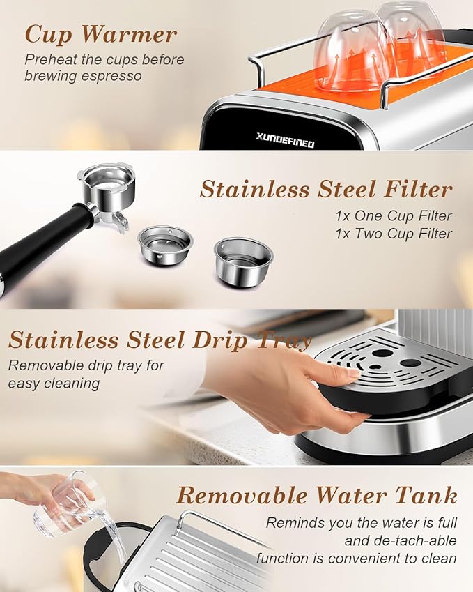 Espresso Machines 20 Bar with LED Touchscreen, Adjustable Temperature(185~203°F) Timing(25~60s), Compact Stainless Steel Coffee Maker with Milk Frother Steam Wand for Home Cappuccino & Latte Maker