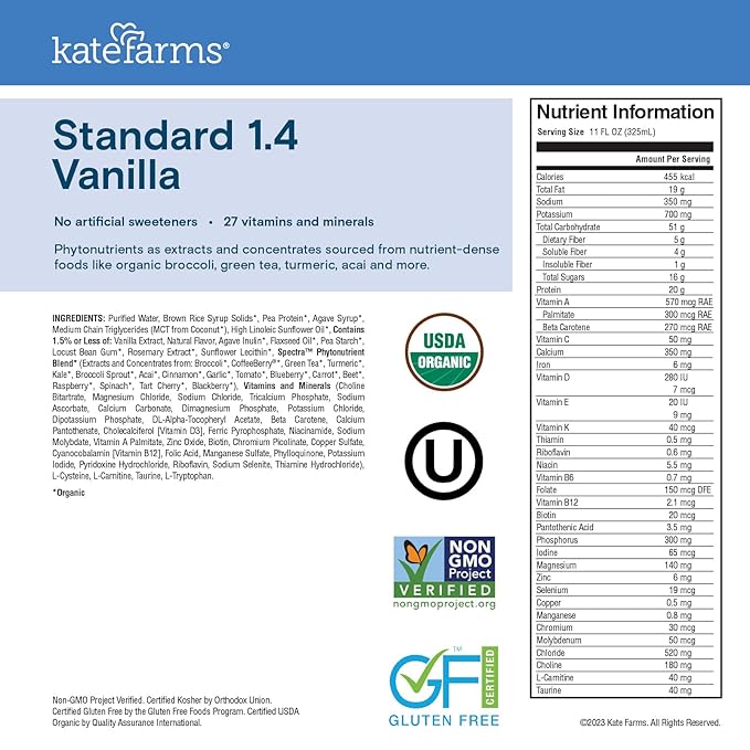 KATE FARMS Organic 1.4 High Calorie Nutrition Shake, Vanilla, 20g Protein, 27 Vitamins and Minerals, Meal Replacement, Protein Shake, 11 oz (12 Pack)