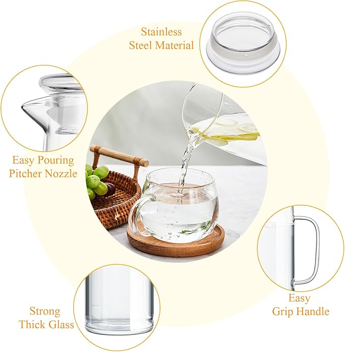 Hsei 2 Sets Glass Pitcher with Lid, 50 oz / 1500 ml Water Carafe with Handles Hot Cold Beverage Water Jar Glass Jug for Tea Juice Milk Coffee Iced Beverage (Glass Lid)