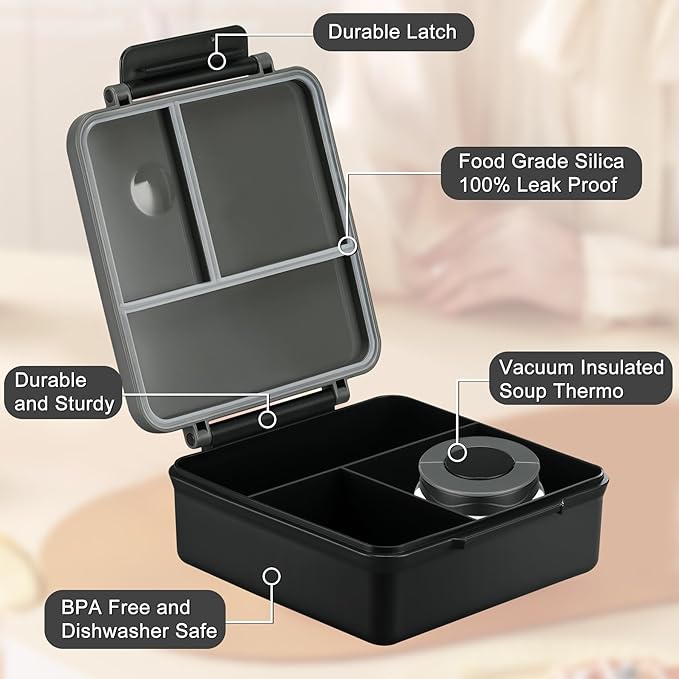 Bento Lunch Box for Kids with 8oz Soup Thermo&Lunch Bag, Leak-Proof Lunch Food Containers with 4 Compartment, Hot Food Insulated Food Jar for Kids School (Black)