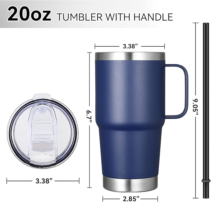 VEGOND 20 oz Tumbler Bulk with Handle Lid and Straw, Stainless Steel Insulated Travel Coffee Mug Set, Spill Proof Double Wall Metal Tumblers Cups, Navy Blue 6 Pack