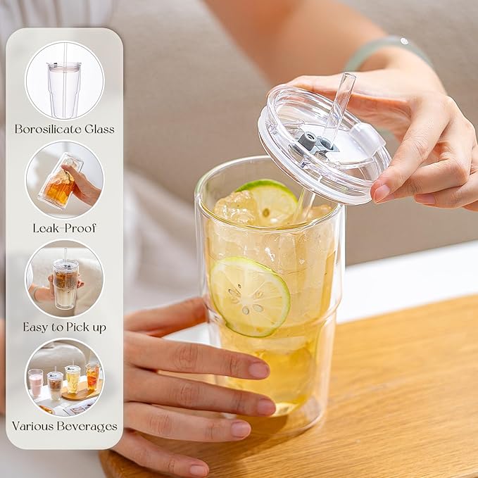 KEMORELA 2 Pack Double Wall Borosilicate Glass Tumblers with Lids and Straws, 16oz Insulated Iced Coffee Cups, Reusable Smoothie and Boba Drinking Glasses, Dishwasher Safe