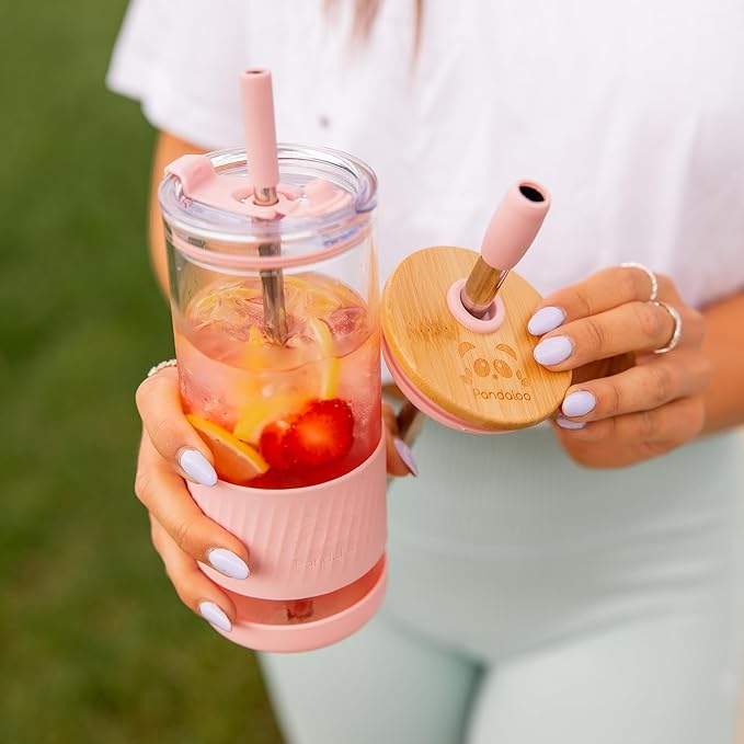 Pandaloo® Glass Cups With Lids and Straws -20 Fl Oz- Perfect Size Iced Coffee Cup - Smoothie Cup With Bamboo Lid and On the go Lid - Glass Tumbler With Straw (1 Count (Pack of 1), Lilac Rhapsody)