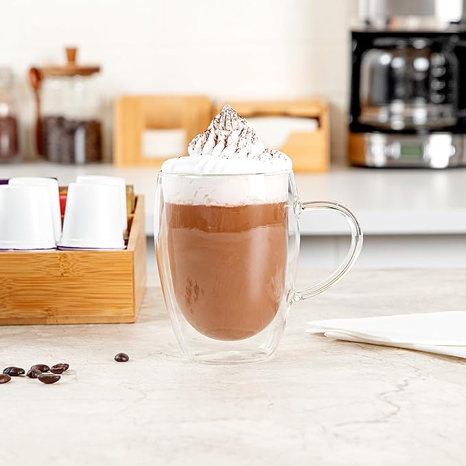 Restaurantware-Forma Professional 11.8 Ounce Glass Coffee Cups, 12 Insulated Coffee Cups With Handle - Dishwashable, Reusable, Clear Double Wall Beverage Tumblers, Freezable For Hot Or Cold Beverages