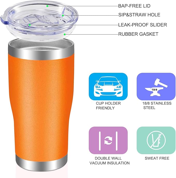 VEGOND 20oz Tumbler Stainless Steel Tumbler Cup with Lid And Straw Vacuum Insulated Double Wall Travel Coffee Mug(orange package 12)