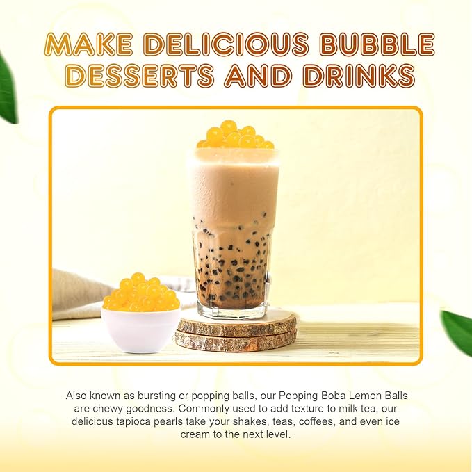 Fanale Lemon Popping Boba Pearls, Vegan, Non GMO, Gluten Free, Fat Free, Perfect for Bubble Tea, Smoothies, Ice Cream, Desserts, and Beverages.