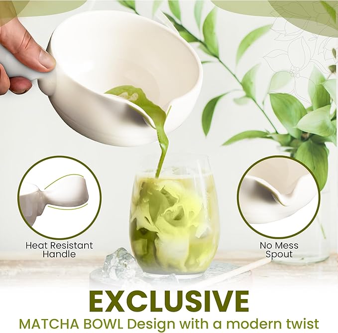 HAPPY PATH & CO Matcha Tea Set – 6 Pcs Matcha Kit Set Includes Bamboo Whisk(Chasen) & Bowl with Spout, Sifter, Scoop & Holder | White Matcha Whisk Set - Perfect Matcha Tool Set for Matcha Lovers