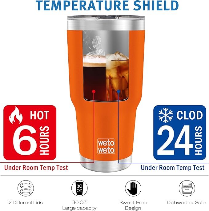 WETOWETO 30 oz Tumbler Stainless Steel Vacuum Insulated Coffee Ice Cup Double Wall Vacuum Coffee Cup Thermal Cups for Hot and Cold drinks, Suitable for Beach, Travel (Orange, 1 Pack)