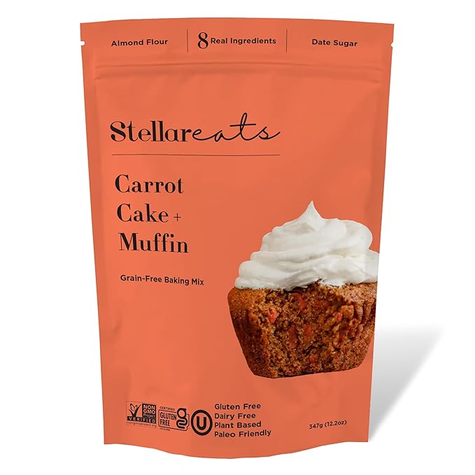Stellar Eats Grain-Free Carrot Cake & Muffin Baking Mix | Gluten-Free, Dairy-Free, Plant-Based, Paleo-Friendly | Sweetened with Date Sugar | Almond Flour-Based | Makes 1 Loaf or 12 Muffins | 1 Pack