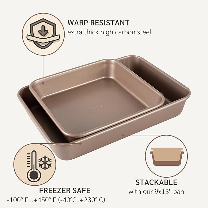 Nonstick 9x9 Baking Pan | PFOA & BPA Free Non Toxic 9 x 9 Inch Cake & Brownie Pan | Best Nontoxic Square 9x9 inches Pans for Baking | Non Stick Carbon Steel Gold Baking Ware