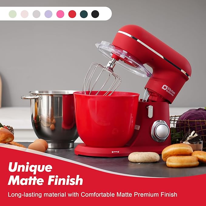 Kitchen in the box Stand Mixer, 4.5QT+5QT Two bowls Electric Food Mixer, 10 Speeds 3-IN-1 Kitchen Mixer for Daily Use with Egg Whisk,Dough Hook,Flat Beater (Matte Red, 5QT)