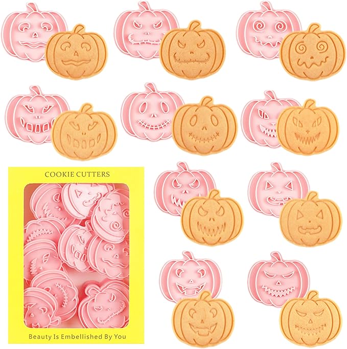 10 Pcs Halloween Cookie Cutters Set with Plunger Stamps, 3D Pumpkin Plastic DIY Cookie Molds for Halloween Party Treat, Baking, Fondant, Cake Decor (F10)