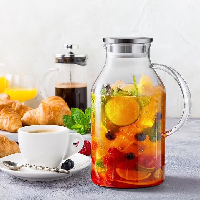 3 Liter 101 oz Glass Pitcher with Lid and Spout, Bivvclaz Glass Water Pitcher for Fridge, Glass Carafe for Hot/Cold Water, Iced Tea Pitcher, Large Jug for Coffee, Juice and Homemade Beverage