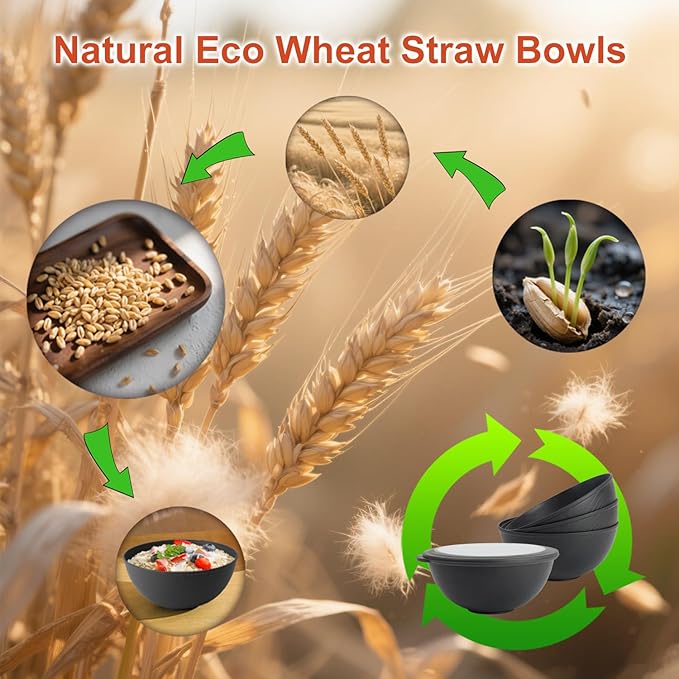 40oz wheat straw bowls set of 4,unbreakable ramen bowl set with cover,alternative plastic bowls with cover for kitchen,party,camping and picnic. Black