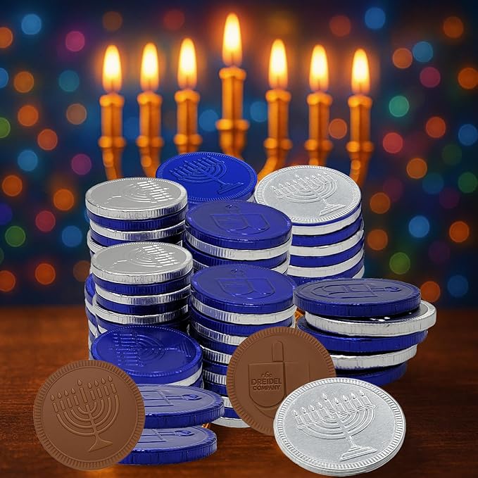 The Dreidel Company Blue & Silver Hanukkah Milk Chocolate Coins, Hanukkah Design Gelt, Gluten Free, Non GMO, Kosher Certified OU-D (100-Pack)
