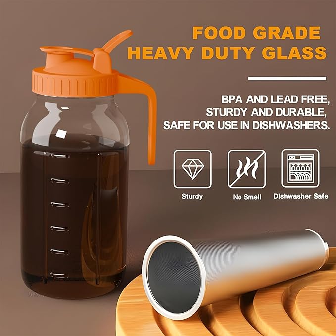 Cold Brew Coffee Maker Jar - 64oz Thick Glass Multipurpose Mason Pitcher Spout Lid with Handle & Stainless Steel Filter for Iced Coffee, Lemonade, Ice Tea, Homemade Fruit Drinks Container