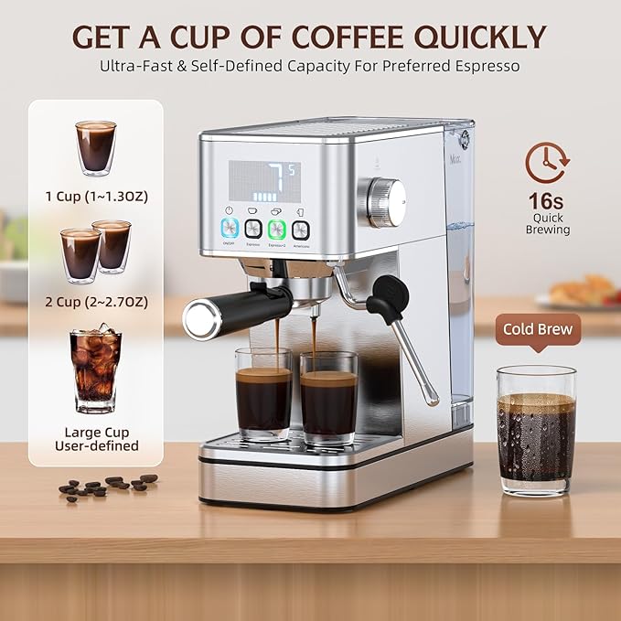 Espresso Machine 20 Bar, Stainless Compact Espresso Maker with Steam Milk Frother, 57.5OZ Water Tank, Touch Screen Indicator of Making Time, for Latte, Cappuccino, Silver (2025 updated model)