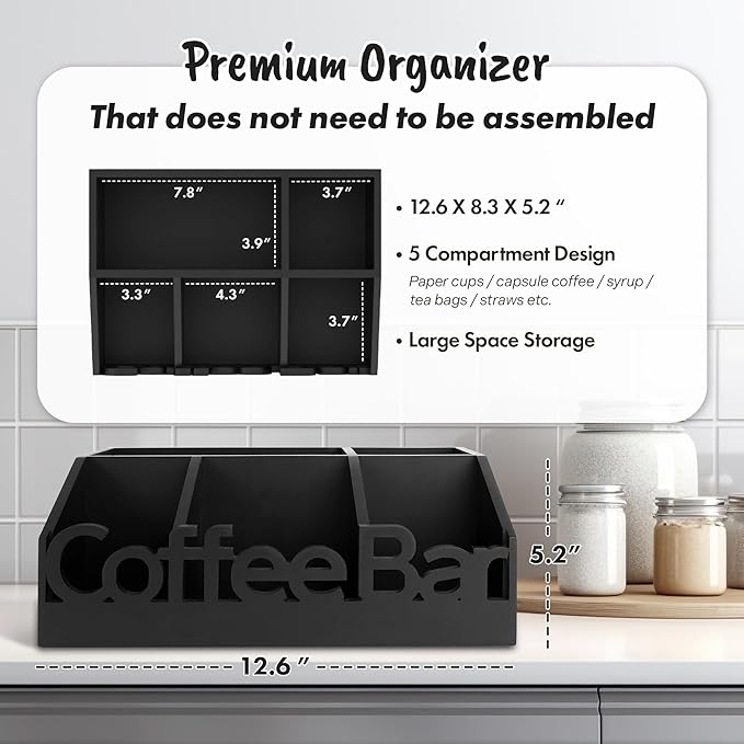 Coffee Bar Organizer for Countertop – Wooden Coffee and Tea Station Caddy with Tray for Pods, Cups, Condiments, and Accessories – Kitchen or Office Counter Storage (Medium Size -Black)