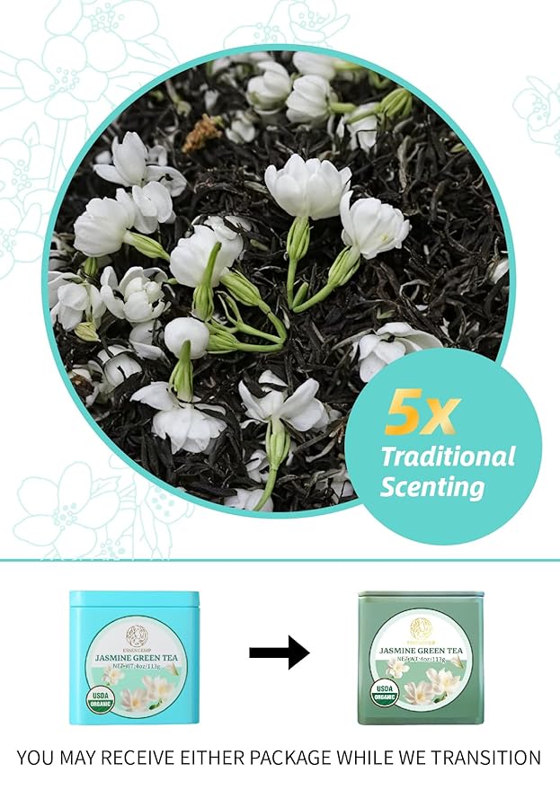 Essencesip Organic Jasmine Green Tea Loose Leaf, 4oz Tin – Scented 5x with 6,000 Fresh Jasmine Blossoms, Low Caffeine, Antioxidant-Rich