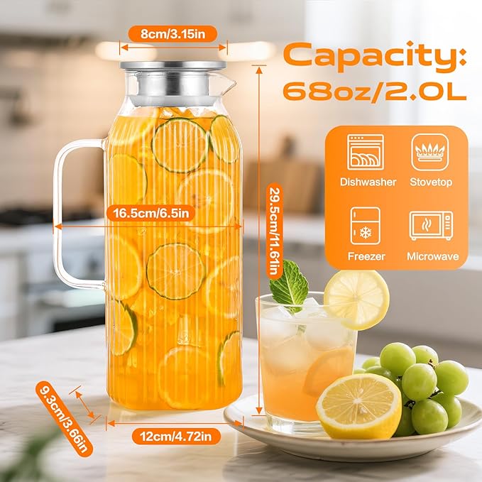 2 Liters/68oz 2 Pack Stripes Glass Pitcher with Lid and Handle for Bridge Door, Aofmee Borosilicate Glass Heat Resistant Dishwasher Safe Iced Tea Jar, Carafe with Scale Line for Hot/Cold Beverage