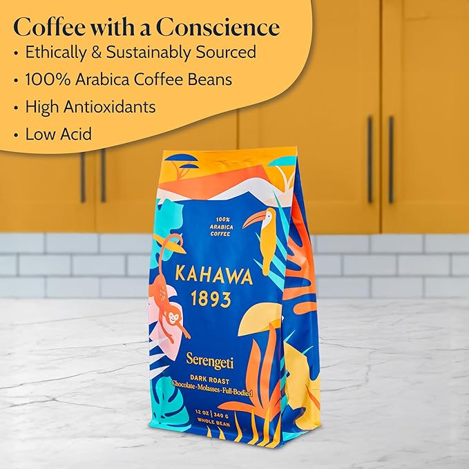 Kahawa 1893 Whole Bean Coffee Dark Roast Serengeti Blend 24 Oz - As Seen on Shark Tank, Low Acid, High Antioxidants, Naturally Sweet, Organically Grown, Ethically & Sustainably Sourced