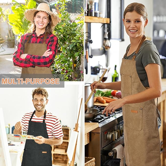 Chef Cooking Aprons for Men Women Thickened Canvas Cotton Apron with 4 Pockets for BBQ Work Kitchen（Brown）