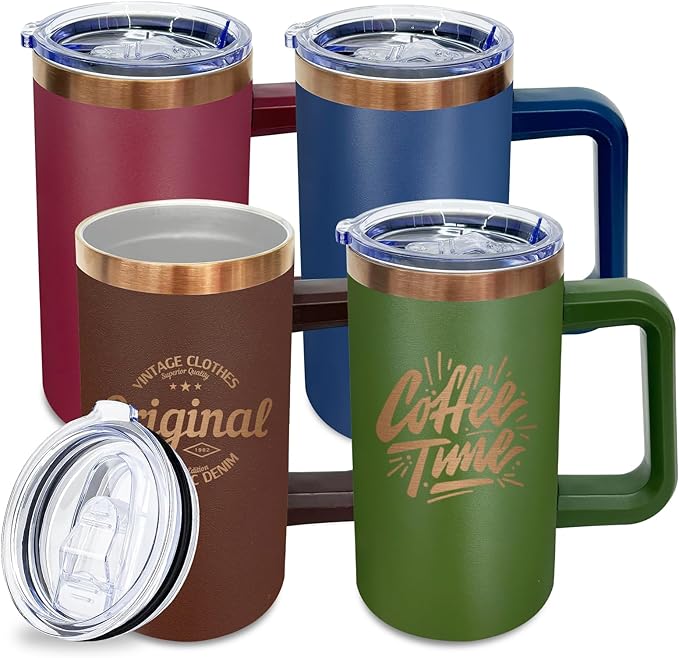20 oz Insulated Coffee Mug with Lid, 4 Pack Stainless Steel Coffee Tumbler Bulk, Double Wall Vacuum Travel Mug with Handle, Leakproof Powder Coated Coffee Cups for Hot and Cold Drinks (Mixed,4 pack)