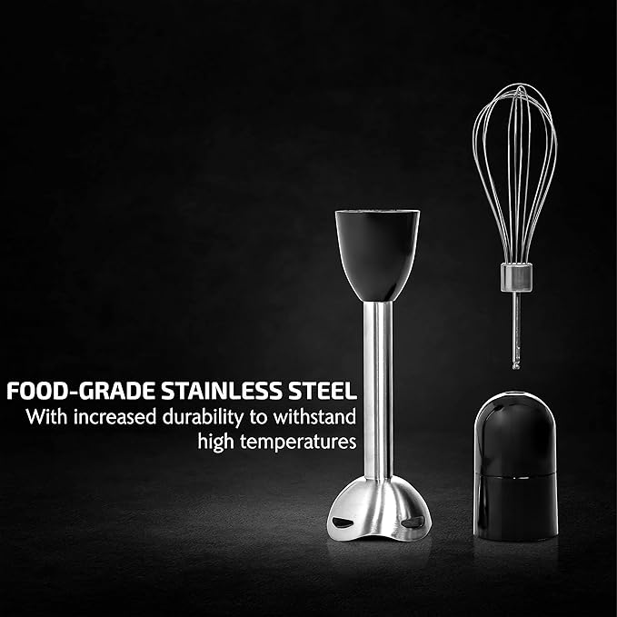 OVENTE Immersion Hand Blender, 300W Electric Handheld Portable Stick Mixer Set with 2 Mixing Speed, Stainless Steel Blades, Egg Whisk Attachment, Mixing Beaker and BPA-Free Food Chopper, Black HS565B