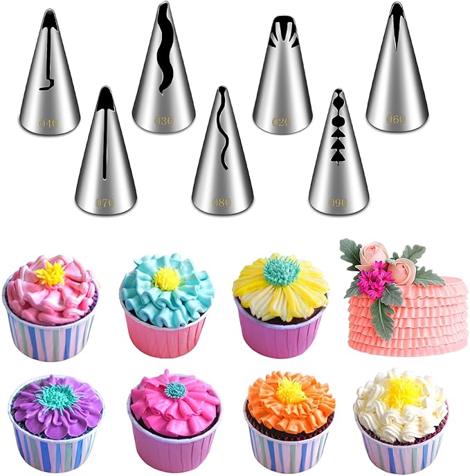 Suuker 7 Pieces Pleated Skirt Piping Nozzles Set, Stainless Steel Russian Nozzles Tips Piping Set For Pastry Fondant,Cake Decorating Supplies Baking Set Tools