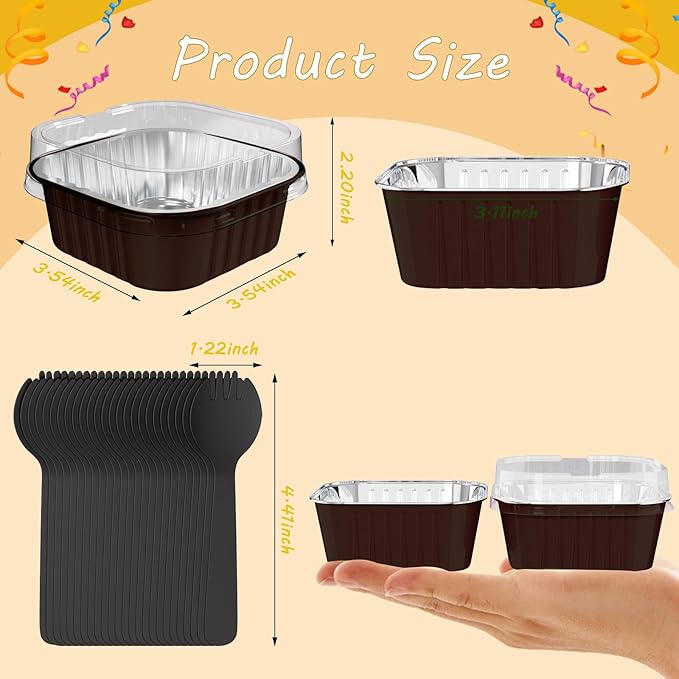 50 Pack Square Mini Cake Pans with Lids,Mini Loaf Pans with Lids,Aluminum Foil Baking Cups,Disposable Ramekins Cupcake Cups,Dessert Cups for Wedding Birthday Party Picnics,5oz (Coffee)