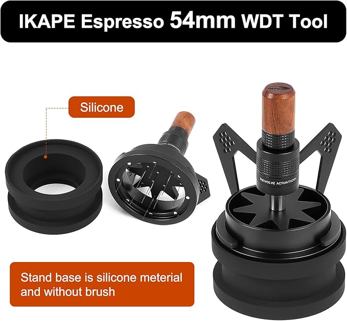 IKAPE Mantis WDT Distribution Tool, V3-54mm Espresso Stirrer Distribution Tool for Barista - 8 Needle Espresso Stirrer with Dosing Funnel & Stand, Adjustable Needle Height, Walnut Handle