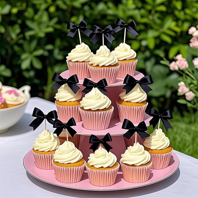 Black Bow Cupcake Toppers,Black Bow Birthday Decoration, Bow Themed Party Decorations Coquette Cake Decoration for Bachelorette Bridal Engagement Birthday Wedding Baby Shower Party Decor